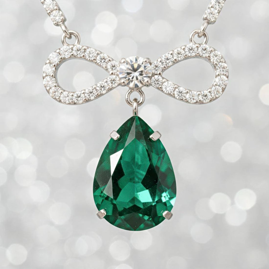 Pear Drop Bow Pendant Necklace | Anti Tarnish Silver-Tone CZ Crystal Necklace