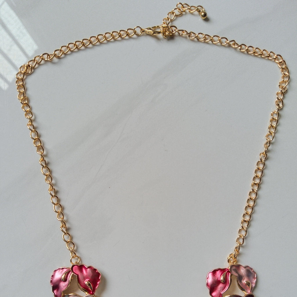 Pink Enamel Flower Necklace Earrings Set, Gold Floral Statement Jewelry
