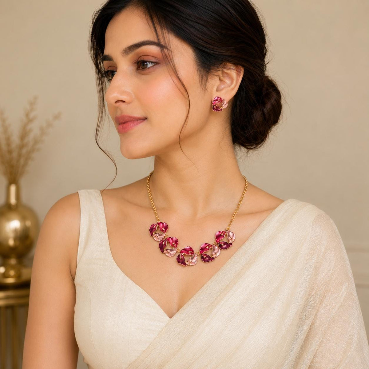 Pink Enamel Flower Necklace Earrings Set, Gold Floral Statement Jewelry