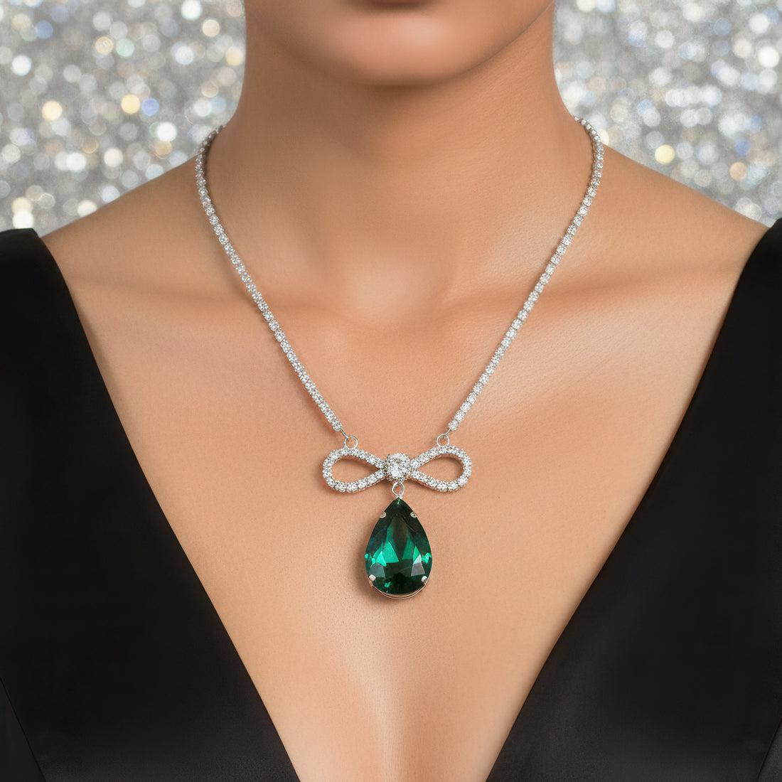 Pear Drop Bow Pendant Necklace | Anti Tarnish Silver-Tone CZ Crystal Necklace