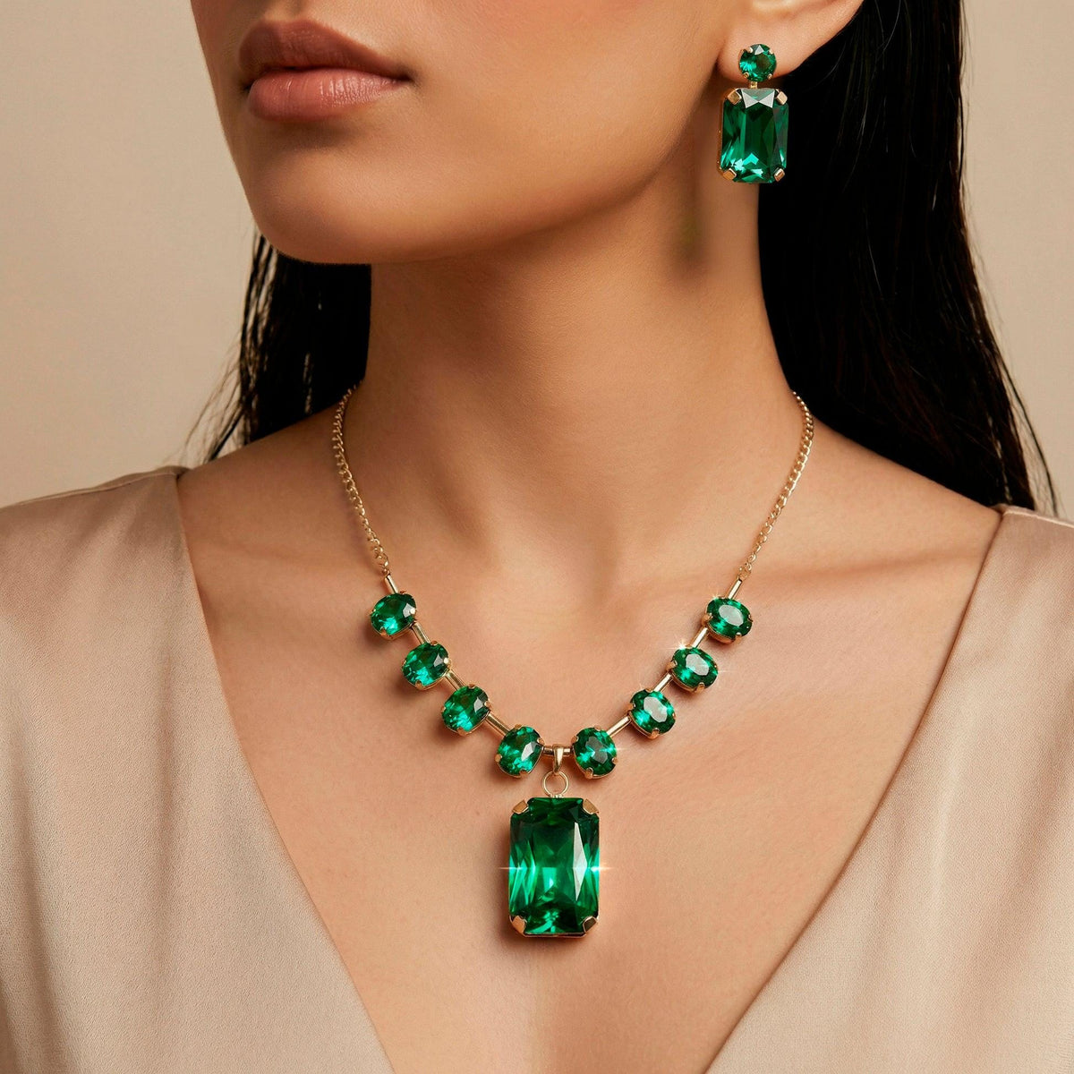 Anti-Tarnish Emerald Green Stone Necklace with  Earring Set | Gold Plated,Jewelry for women