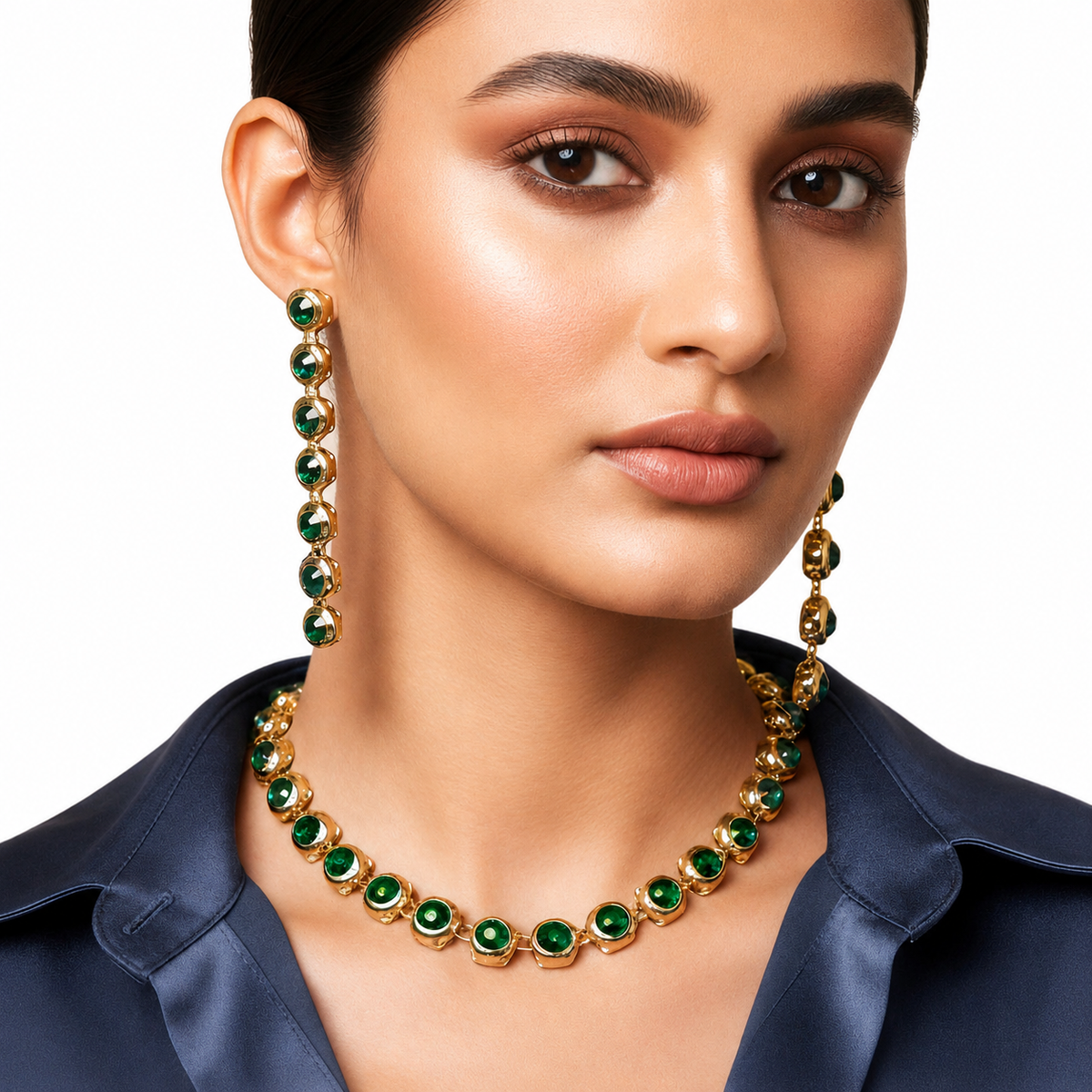 Emerald Green Stone Gold-Tone Necklace &amp; Earrings Se