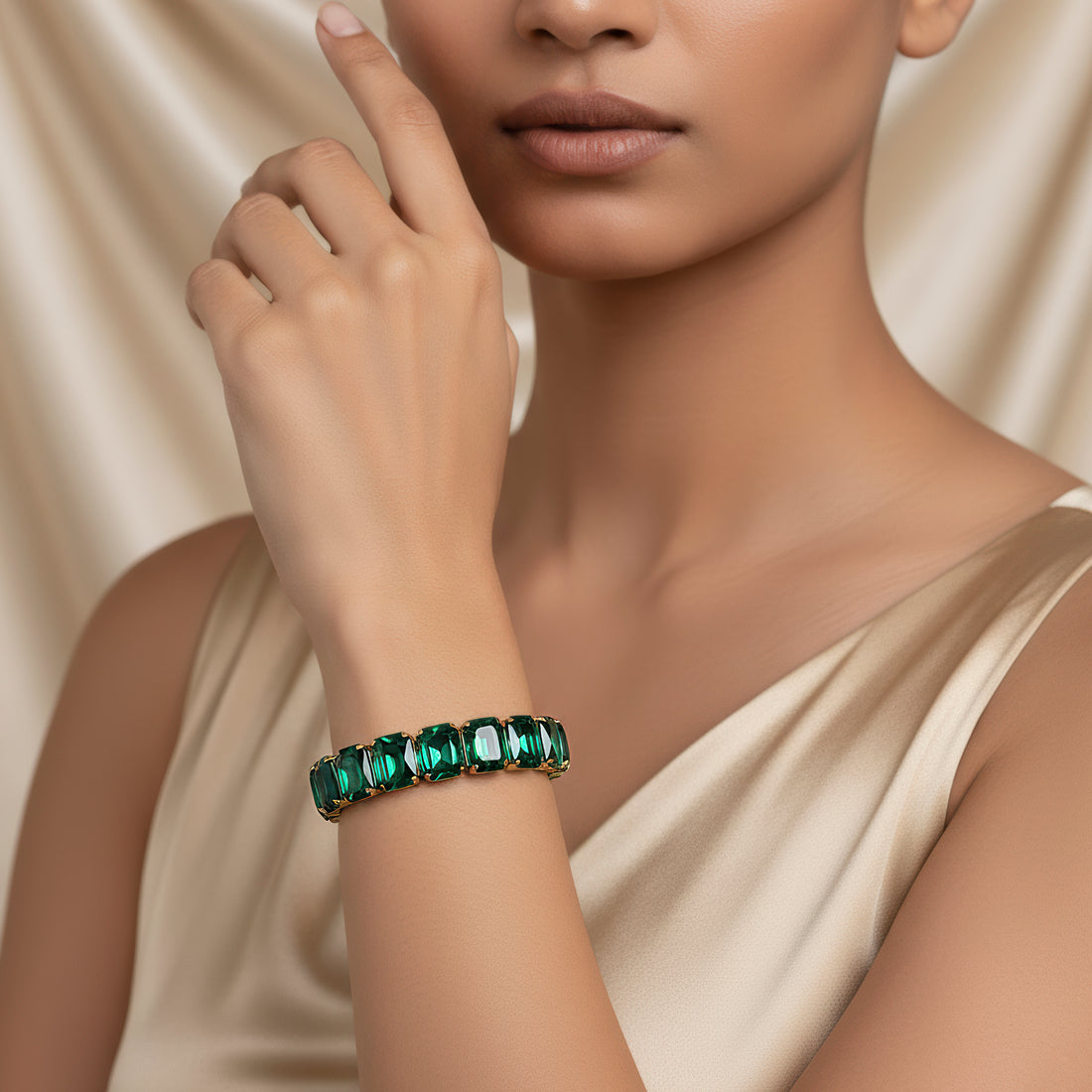 Anti-Tarnish Green Emerald Stone Bracelet for Women | Gold-Tone Statement Bracelet